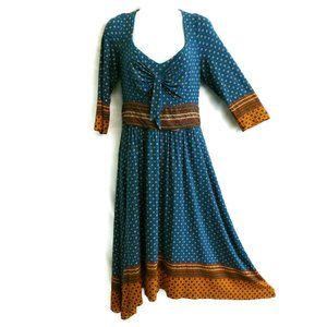 Maeve Midi Dress Sweetheart Blue Motif Gold Border Ruched Bust Tie Detail M